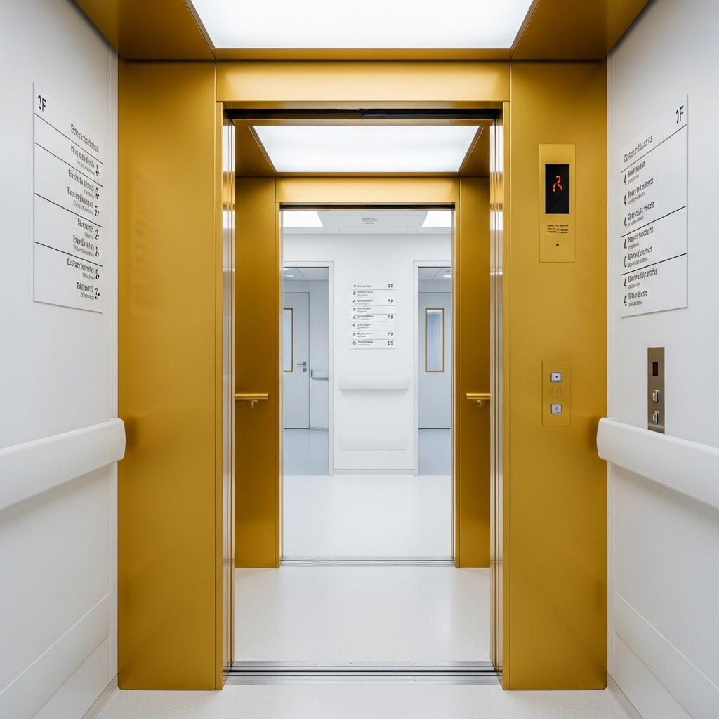 Spacious hospital elevator for stretchers and equipment